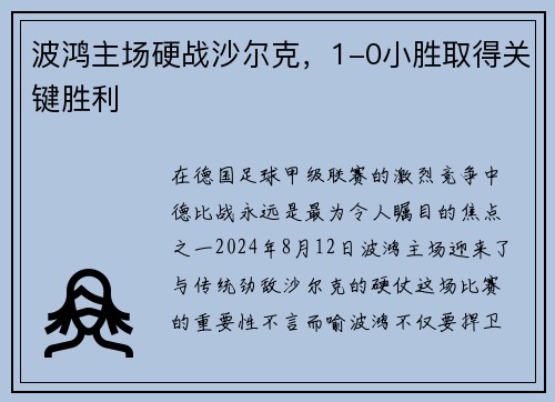波鸿主场硬战沙尔克，1-0小胜取得关键胜利